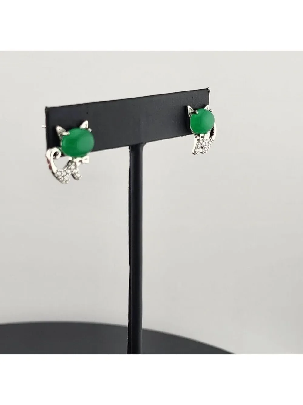 Whimsical Cat Earrings in Brass with Jade Highlights